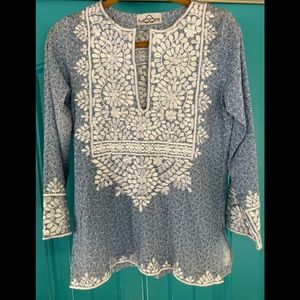Blue Floral Tunic with white embroidery